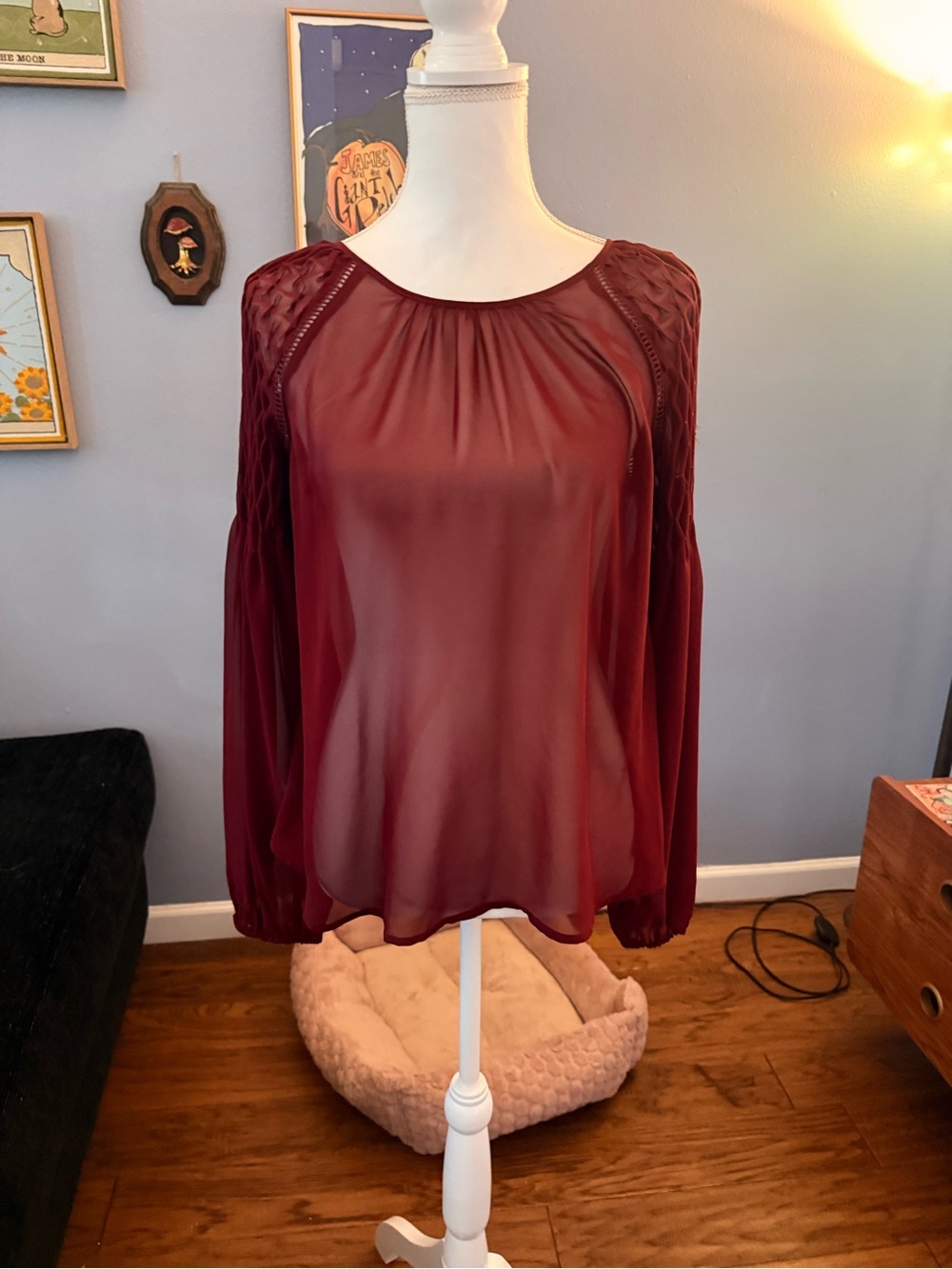 Express Burgundy Sheer Long-Sleeve Blouse
